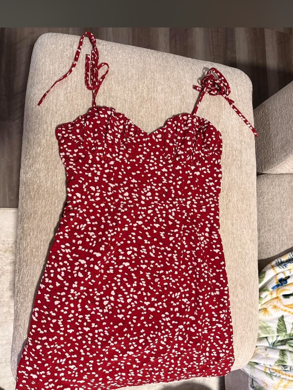 SHEIN Red and White Spotted Tie-Shoulder Mini Dress
